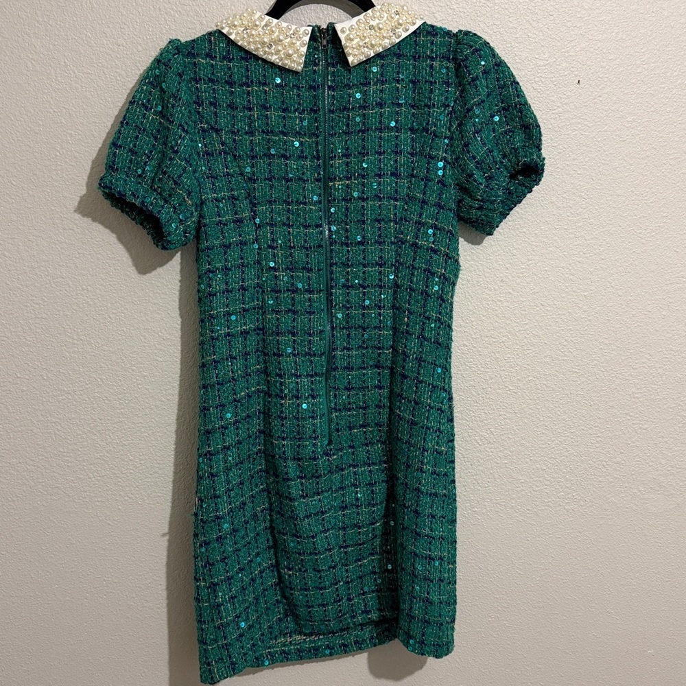 Fate Emerald Tweed Dress with Pearl Accents Collar Sequins - Picture 5 of 7